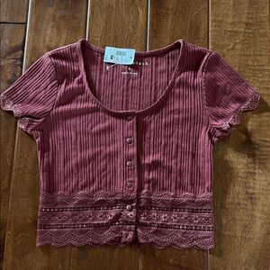 Aeropostale Ribbed Lace Trim Crop Top